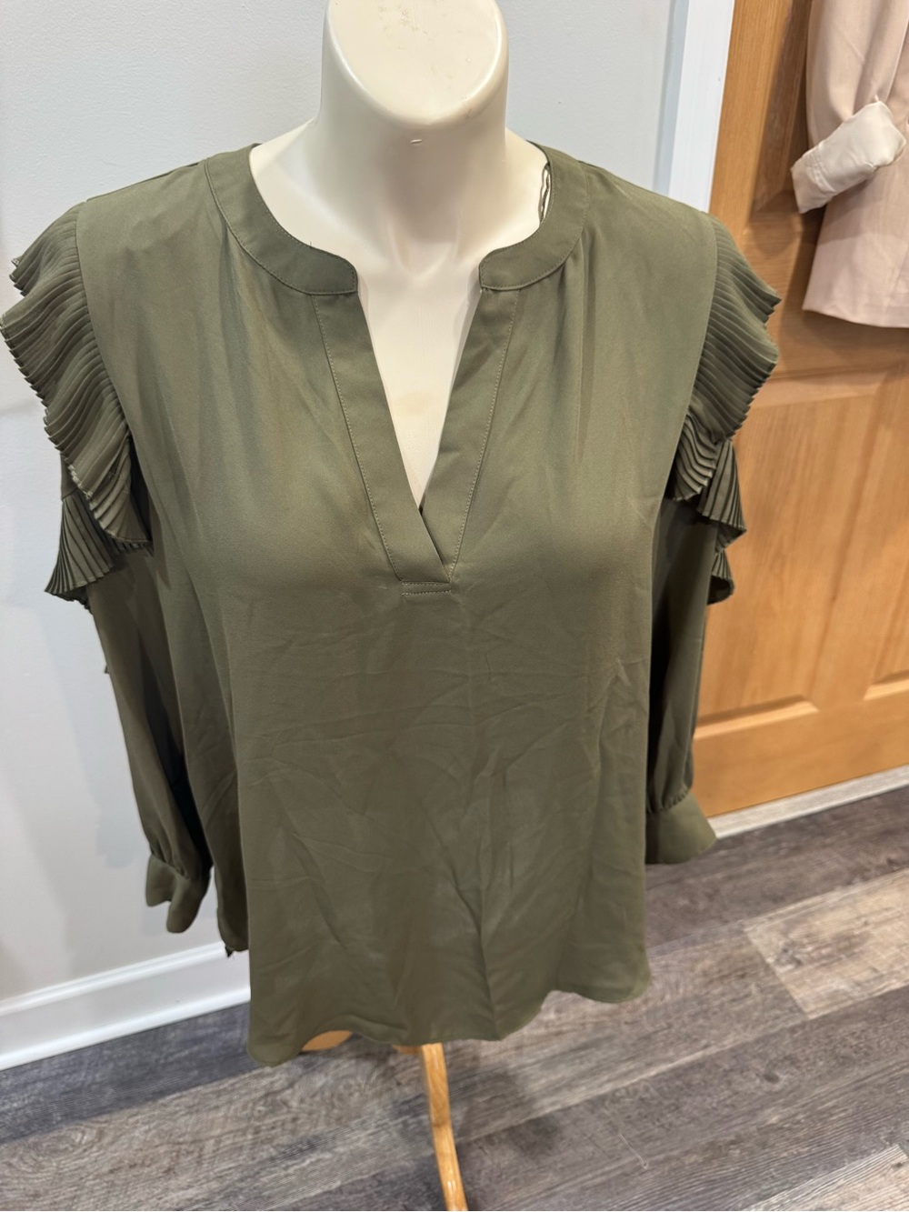 Tahari Olive Green Ruffle Sleeve V-Neck Blouse